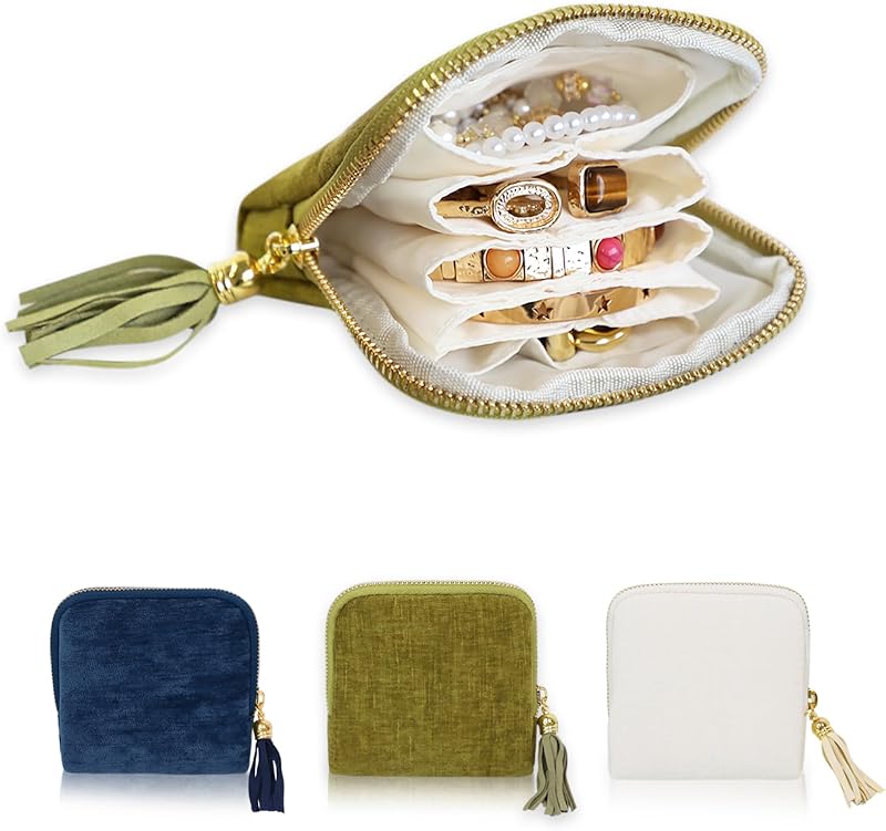 Portable Travel Jewelry Case Pouches for Crystals Bracelets Rings—White Tassel