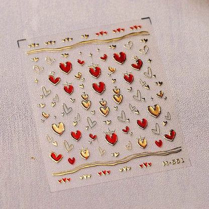 Gold Star Moon Nail Art Stickers Galaxy with Red Hearts Embossed Decals M527