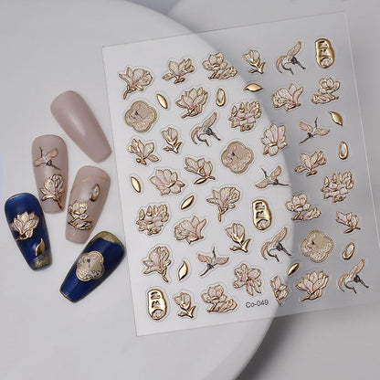 Gold Floral Nail Stickers, 3D Embossed Flower Bird Decals