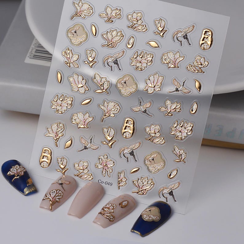 Gold Floral Nail Stickers, 3D Embossed Flower Bird Decals