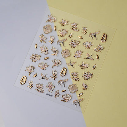 Gold Floral Nail Stickers, 3D Embossed Flower Bird Decals