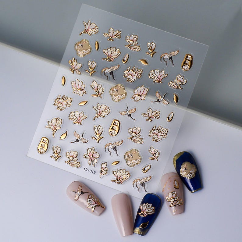 Gold Floral Nail Stickers, 3D Embossed Flower Bird Decals