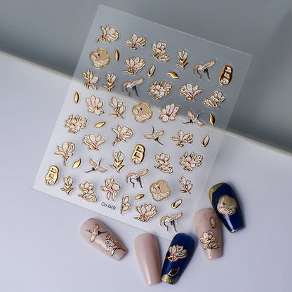 Gold Floral Nail Stickers, 3D Embossed Flower Bird Decals